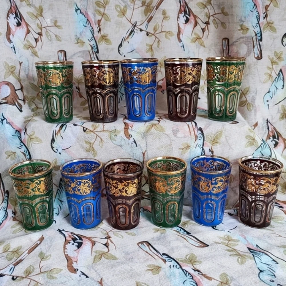 FATH Decor Set of 11 Bohemian Moroccan Venetian Gold Gilt Shot Glasses Glass